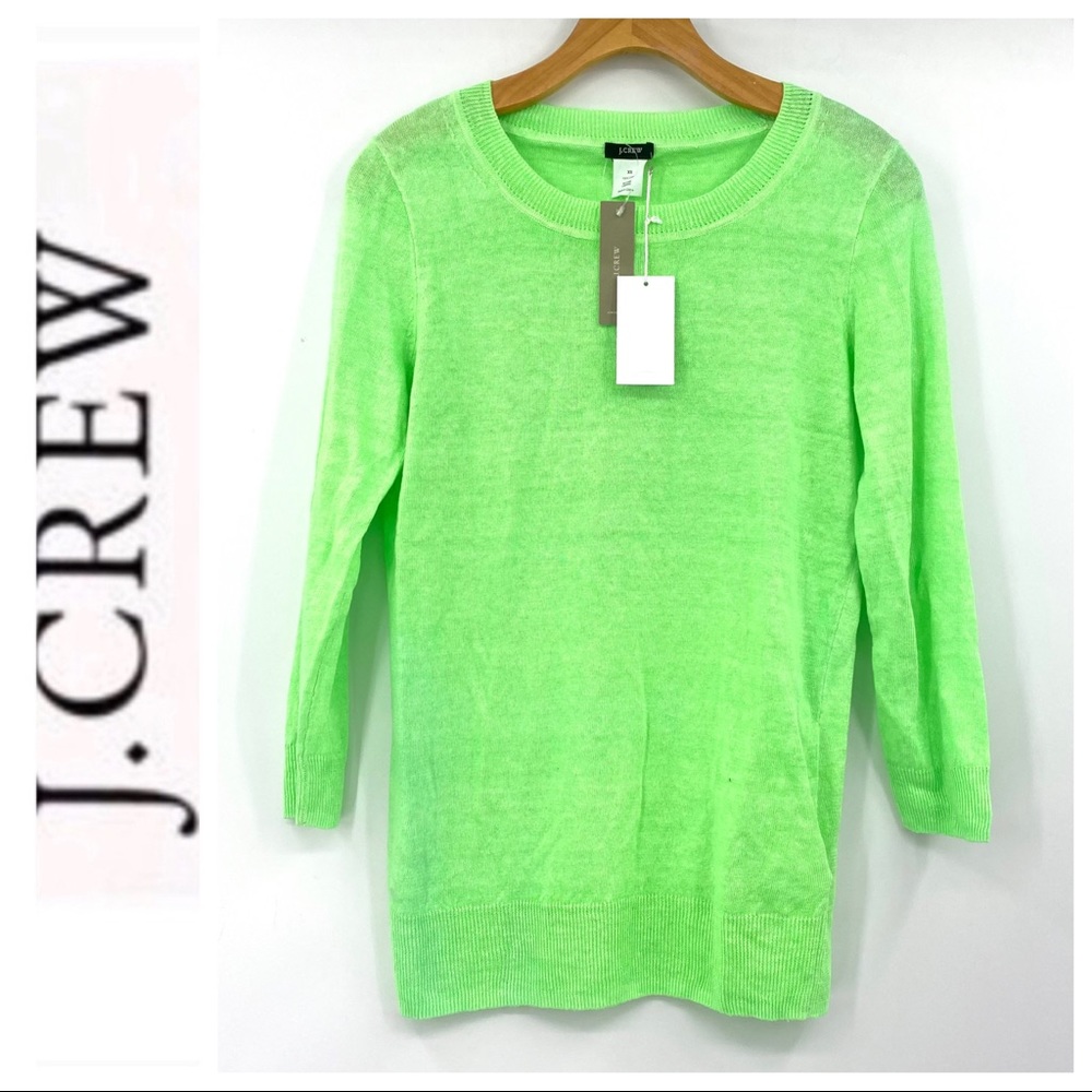 💕 J. Crew Bright Green 3/4 Sleeve Linen Top - Picture 3 of 9